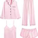 SWOMOG Women Satin Pajamas 4pcs Pajama Set Sexy Cami Shorts Set and Button Down Long Sleeve Pjs Loungewear Sleepwear (Pink, XXL)