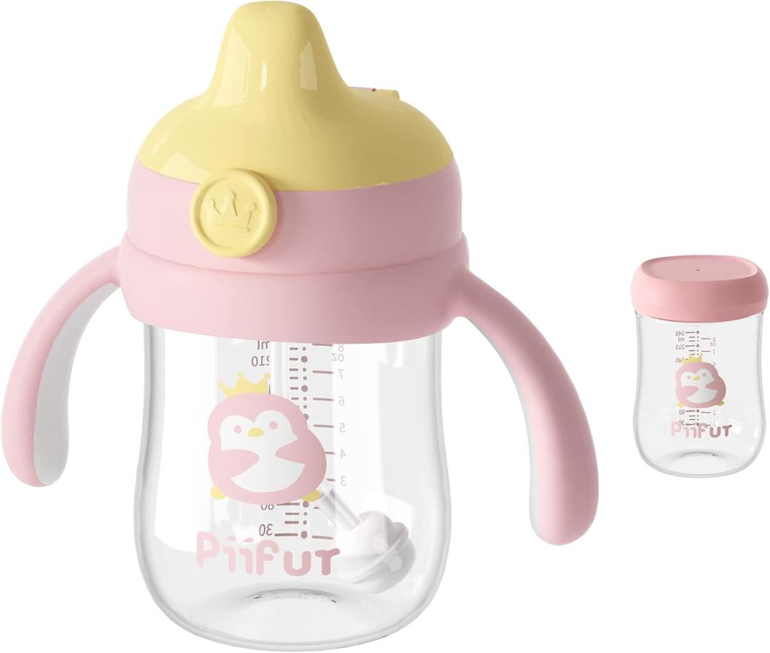 Piifur Tritan Sippy Cup with Storage Lid for 6-18 Months Leak Proof, Weighted Straw Learner Cup with Handle for Baby 8 Ounce (Pink)
