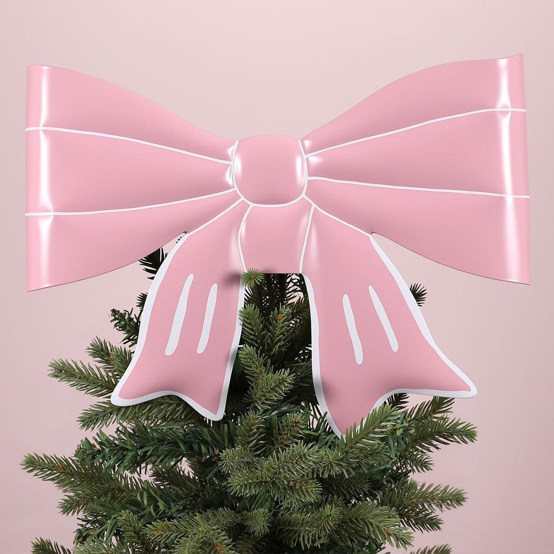 Gejoy Pink Bow Christmas Tree Topper Metal Bow Tree Topper 13.4 x 9.4 Inch Coquette Pink Christmas Ornament for Xmas Party Table Home Decorations