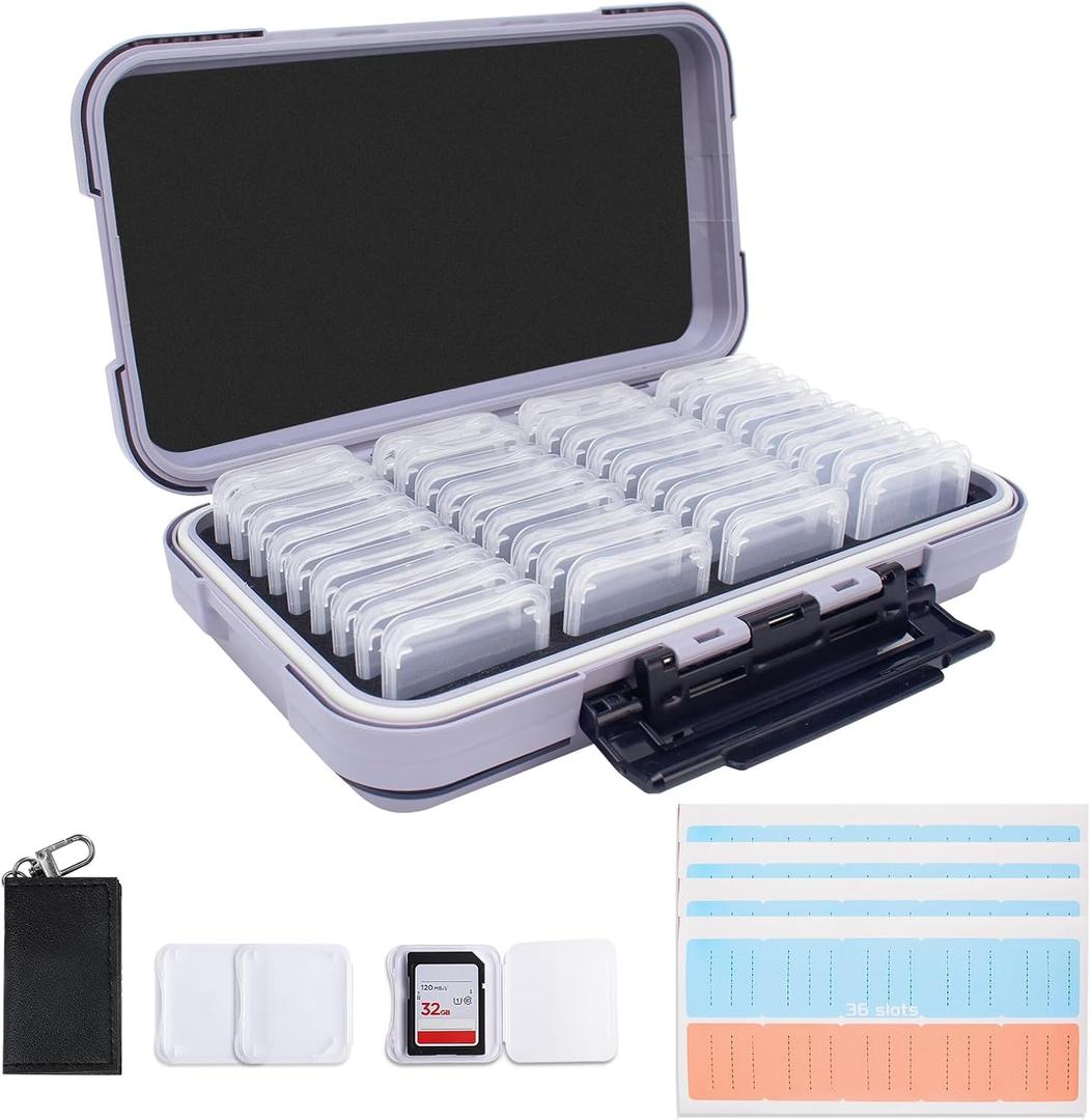 36-Slot Gray Memory Card Case with 36 Transparent Holders & 40 Writable Labels  SD Card Organizer & Storage Case for Camera Memory Cards