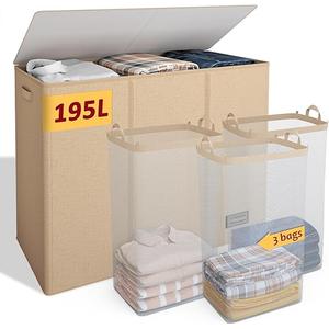 195L Laundry Hamper 3 Section, Large Laundry Hamper with Lid, Dirty Clothes Hamper with 3 Inner Bags, Collapsible Laundry Basket Organizer for Laundry Room, Bedroom, Laundry Sorter Hamper 3 Compartment (Beige)