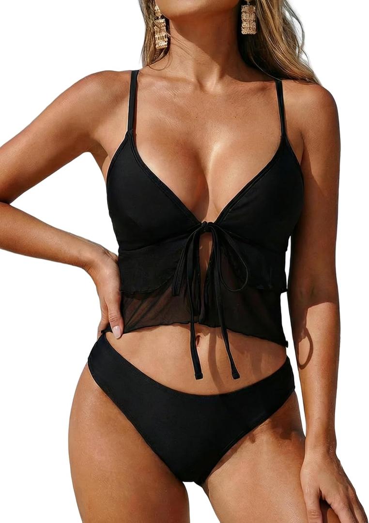 ZAFUL Womens Mesh Tankini Swimsuits Flowy Two Piece Bathing Suit V Neck Layered Ruffle Tie Front High Cut Cheeky Swimwear (Small, 0-black)