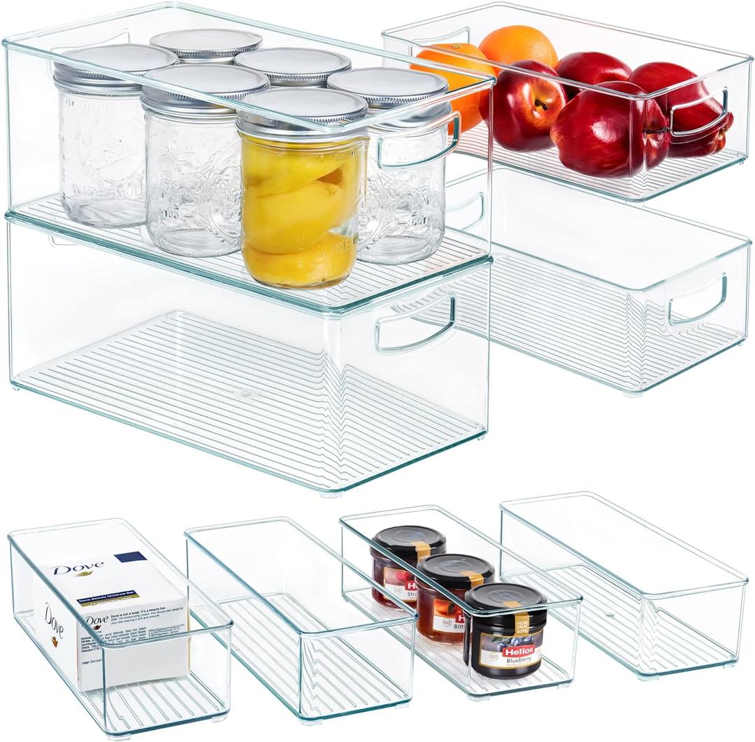 Hudgan 8 PACK Freezer Organizer Bins Stackable Pantry Organizers and Storage Clear Plastic Acrylic Storage Container for Kitchen Pantry Refrigerator (2 XL + 2 L + 4 S)