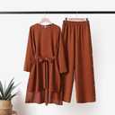 IDOPIP Women's Muslim Abaya Dress 2 Pieces Set Long Sleeve Button Down Shirt and Pants Casual Arabic Islamic Dubai Outfits (Red, M)