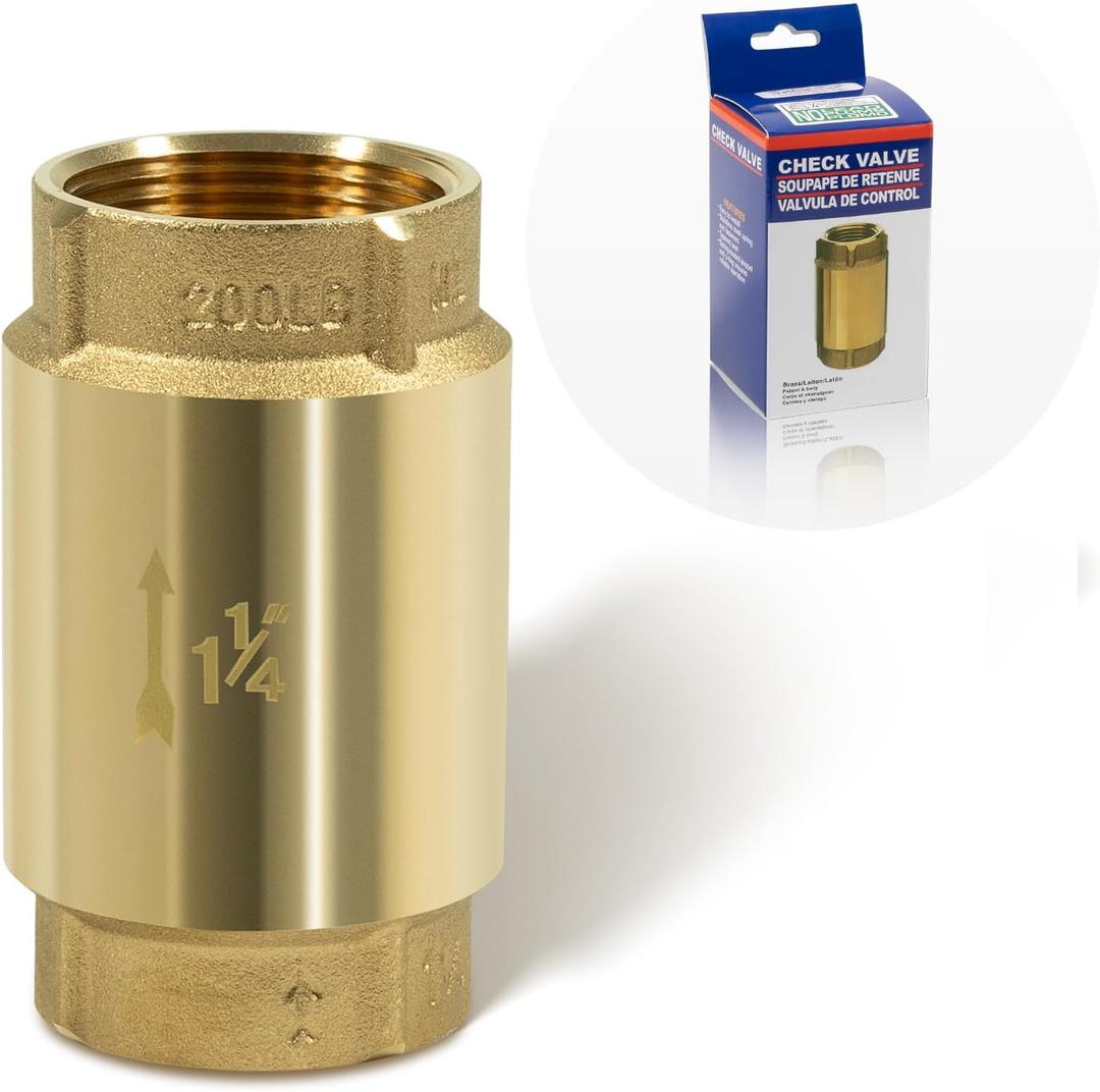 Check Valve with Backflow Prevention, Universal 1-1/4 inch One-Way Female Pipe Thread, Lead-Free Brass Construction, 1.25'' FNPT  1.25'' FNPT