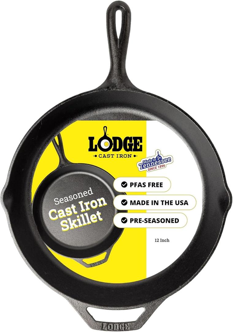 Lodge Seasoned Cast Iron Skillet  PFASFree, NonToxic Cookware  Use with an Oven, Stove, Grill, or Campfire  Naturally NonStick & Oven Safe  12 Inches