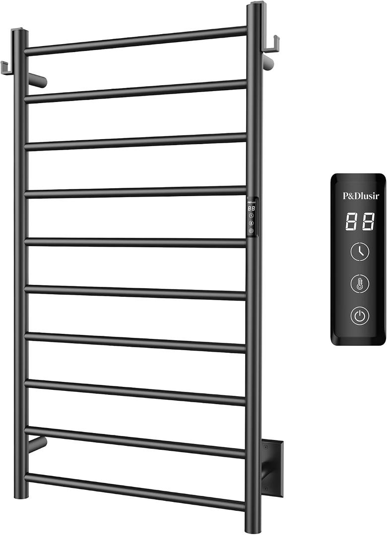 Heated Towel Rack, 10-Bar Electric Towel Warmer, 2-3 Min Fast Heat
Stainless Steel in Matte Black, Plug-in & Hardwired,Wall Mounted, Smart Timer, Thermostat, Memory Function for Bathroom
