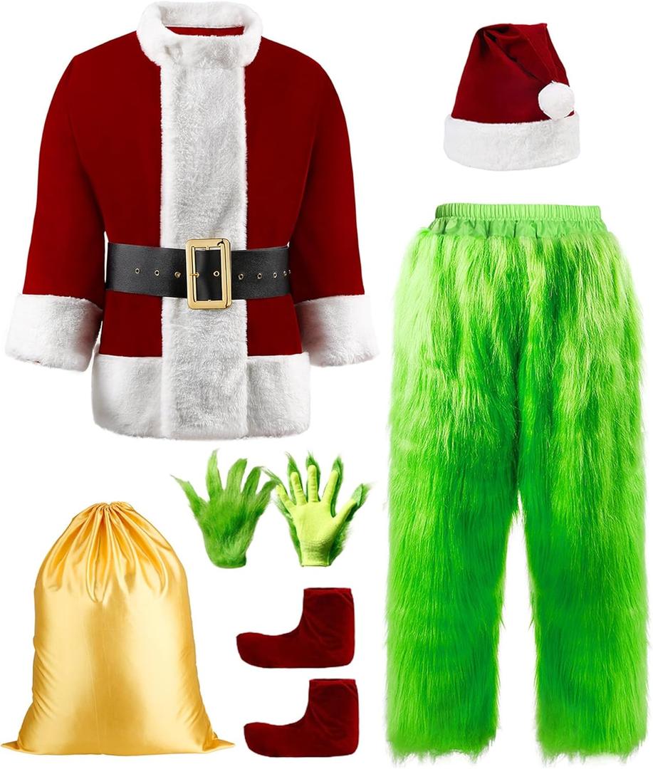Halloween Costumes Adult Men Green Santa Costume, 8Pcs Furry Santa Suit Funny Christmas Santa Outfit (Large)