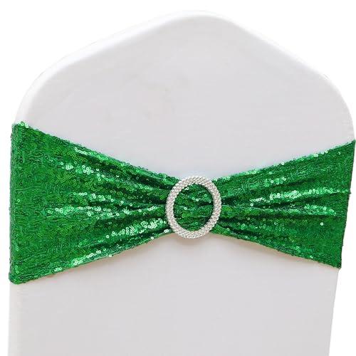 Sequin Green Chair Sashes 50 Pack Glitter Christmas Chair Sash Bows Bands with Silver Buckles for Wedding Birthday Party Bridal Shower Anniversary Engagement Events Decorations
