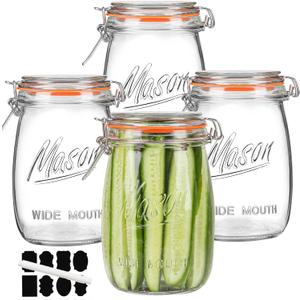 Anwoi Wide Mouth Glass Jars with Airtight Lid 32OZ 4 Pack, Kitchen Storage Large Clear Canister Jars with Hinged Lid with Measurement Marks For Canning,Coffee,Flour,Sugar,Beans