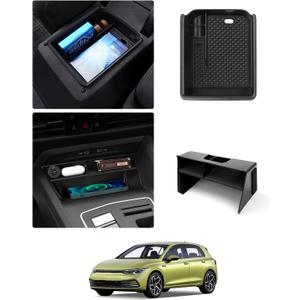 Karltys 2PCS Center Console Organizer Tray for 2022-2025 VW Volkswagen Golf GTI R MK8 Accessories Middle Console Tray Armrest Storage Box with Non-Slip Silicone Mat