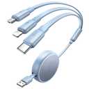 LISEN Multi Charging Cable 3 in 1 iPhone 16 Charger Cord, Retractable Car Charger Type C Cable, Retractable iPhone Charger Cord with Type C/L/Micro USB for iPhone/Samsung/PS/Kindle,Blue