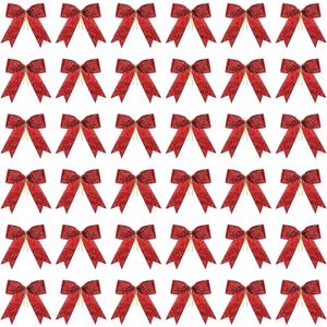 Sumind 36 Pieces Red Christmas Tree Glitter Bows, 5 x 4 Inch Tie Ribbon Twist Tie Bows for Treat Bags Gift Wrapping Basket Wedding Birthday Valentine Christmas Tree Wreath Garland Decoration