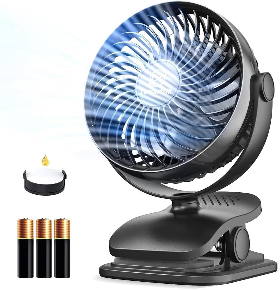Shinebella Battery Operated Clip-On AA Fan with 4 Speeds, 5-inch Small Personal Fans for Dorm, USB Powered, Quiet, 360 Rotation for Desk/Baby Stroller/Camp/Golf Cart, Portable Home/Office/Car Use (Black)