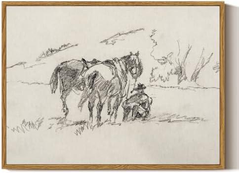 ARPEOTCY Framed Canvas Wall Art, Western Wall Decor, Minimalist Sketch Cowboy Pictures for Bedroom Bathroom Office Kitchen, Vintage Rustic Southwestern Cottagecore Neutral Decorations, 12x16inch