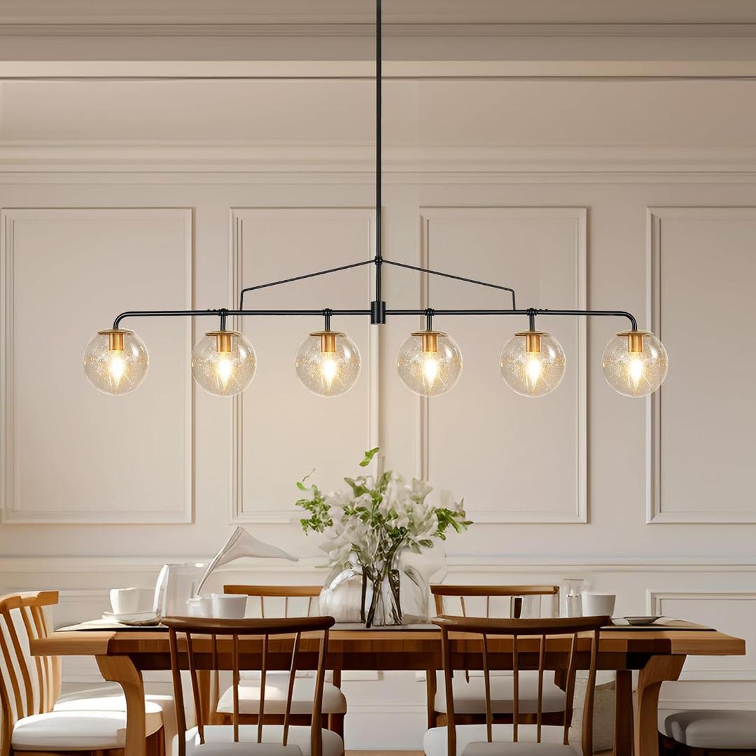 Modern Linear Chandelier Black and Gold Chandelier Dining Room Light Fixture 6 Lights Linear Pendant Light with Seedes Glass Globe Shade for Farmhouse Island Over Tble, Length 51.58 Inch