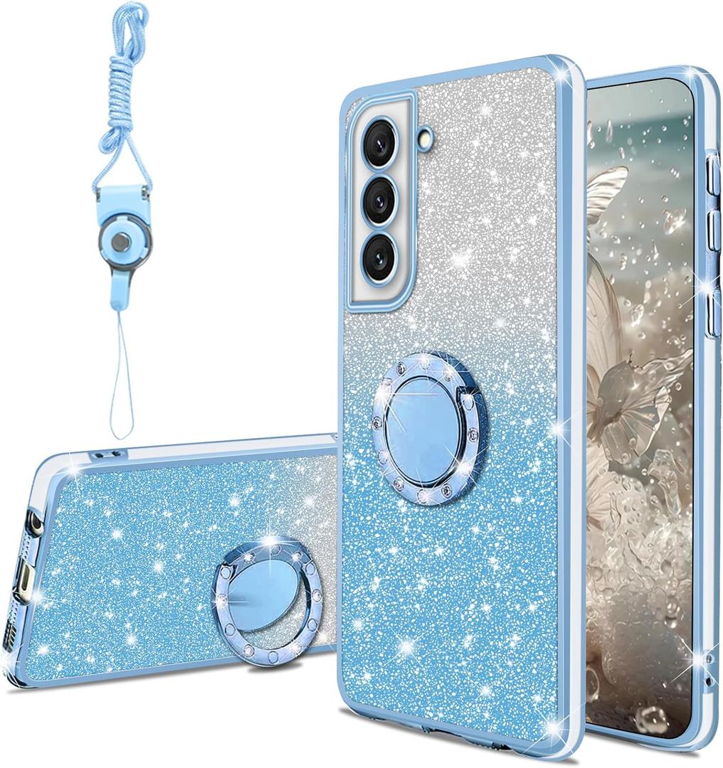 Phone Case for Samsung Galaxy S22 6.1" Cute Sparkle Bling Sparkly Slim Clear TPU Thin Shiny Glitter Case with Kickstand & Strap,Girls Women Shockproof Protective Cover for S22 2022,Sky Blue