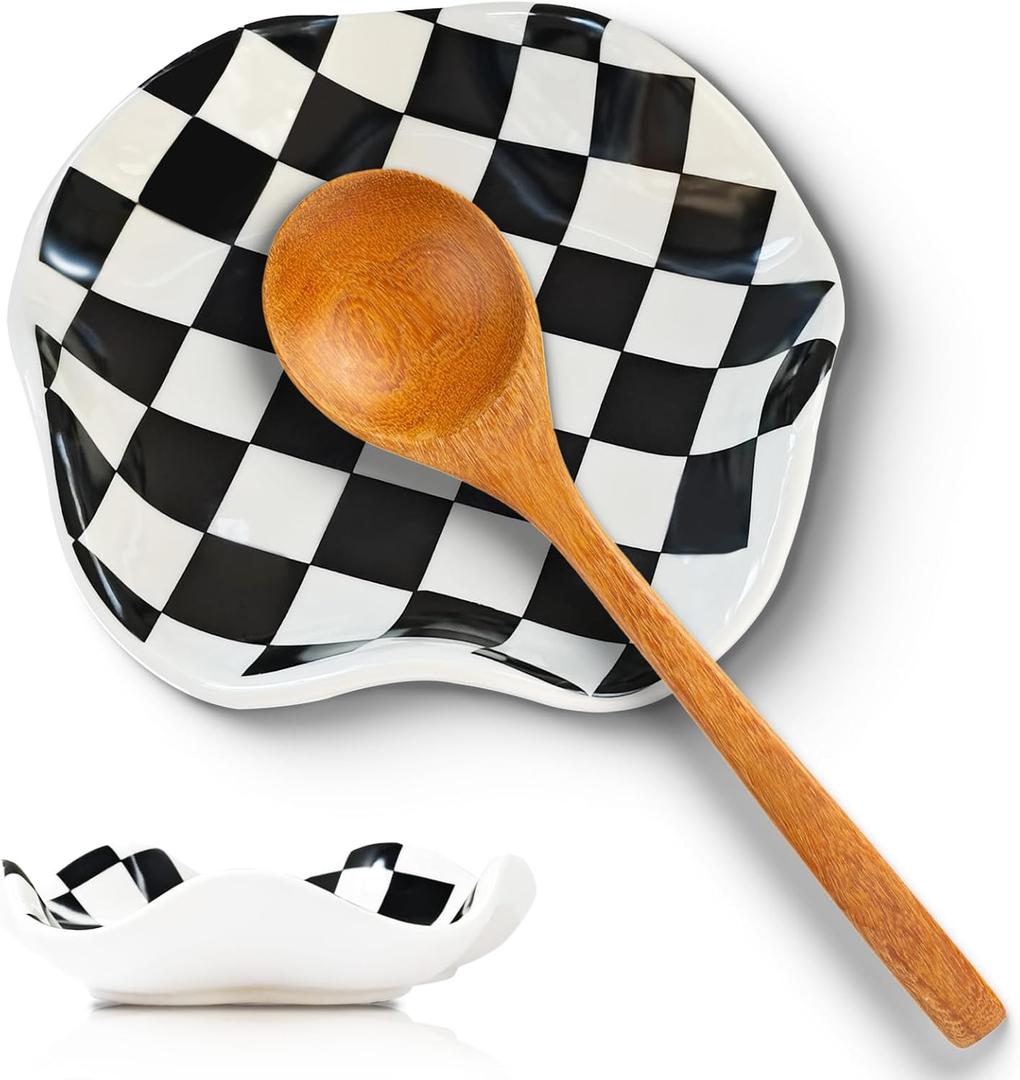 Spoon Rest for Stove Top, 5in Checkered Spoon Holder Utensil Rest, Ceramic Spoon Rests for Coffee Bar, Kitchen Gadget Cooking Gift for Housewarming