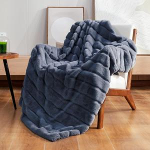 Cozy Bliss Faux Fur Throw Blanket for Couch, Cozy Soft Plush Thick Winter Blanket for Sofa Bedroom Living Room, 50 * 60 Inches Blue