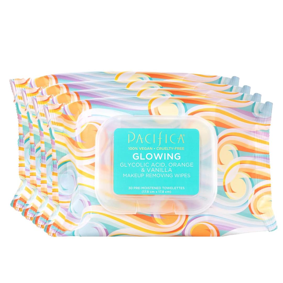 Pacifica Vegan Face Cleansing Wipes, Makeup Remover Wipes w/Glycolic Acid, Aloe Vera & Coconut Water Exfoliating & Hydrating Facial Towelettes for All Skin Types (120 Count) Clean Beauty Cruelty-Free