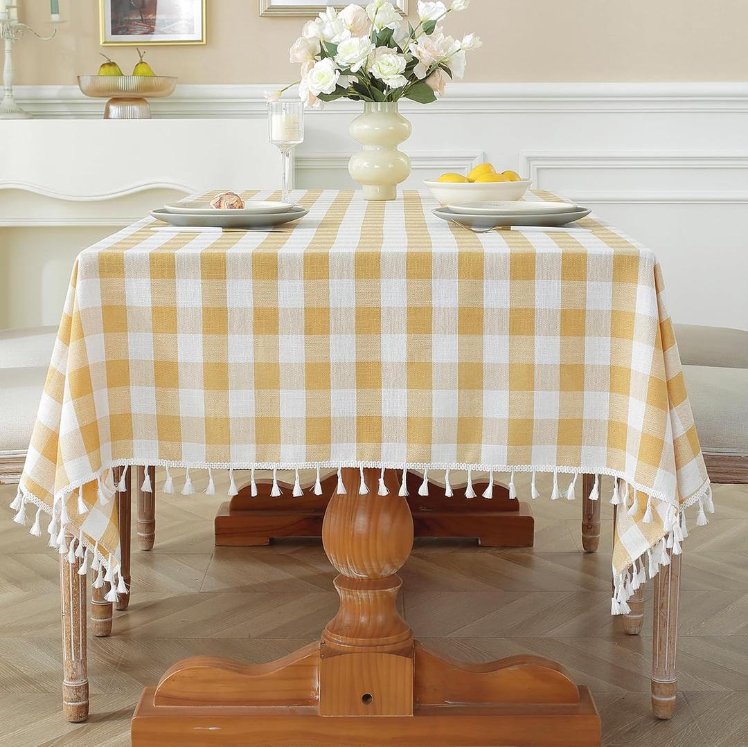 Laolitou Checkered Tablecloth Rectangle Washable Buffalo Plaid Picnic Table Cloth with Tassel Cotton Linen Gingham Table Cover for Dining Room, Yellow, Rectangle, 55''x120'', 10-12 Seats