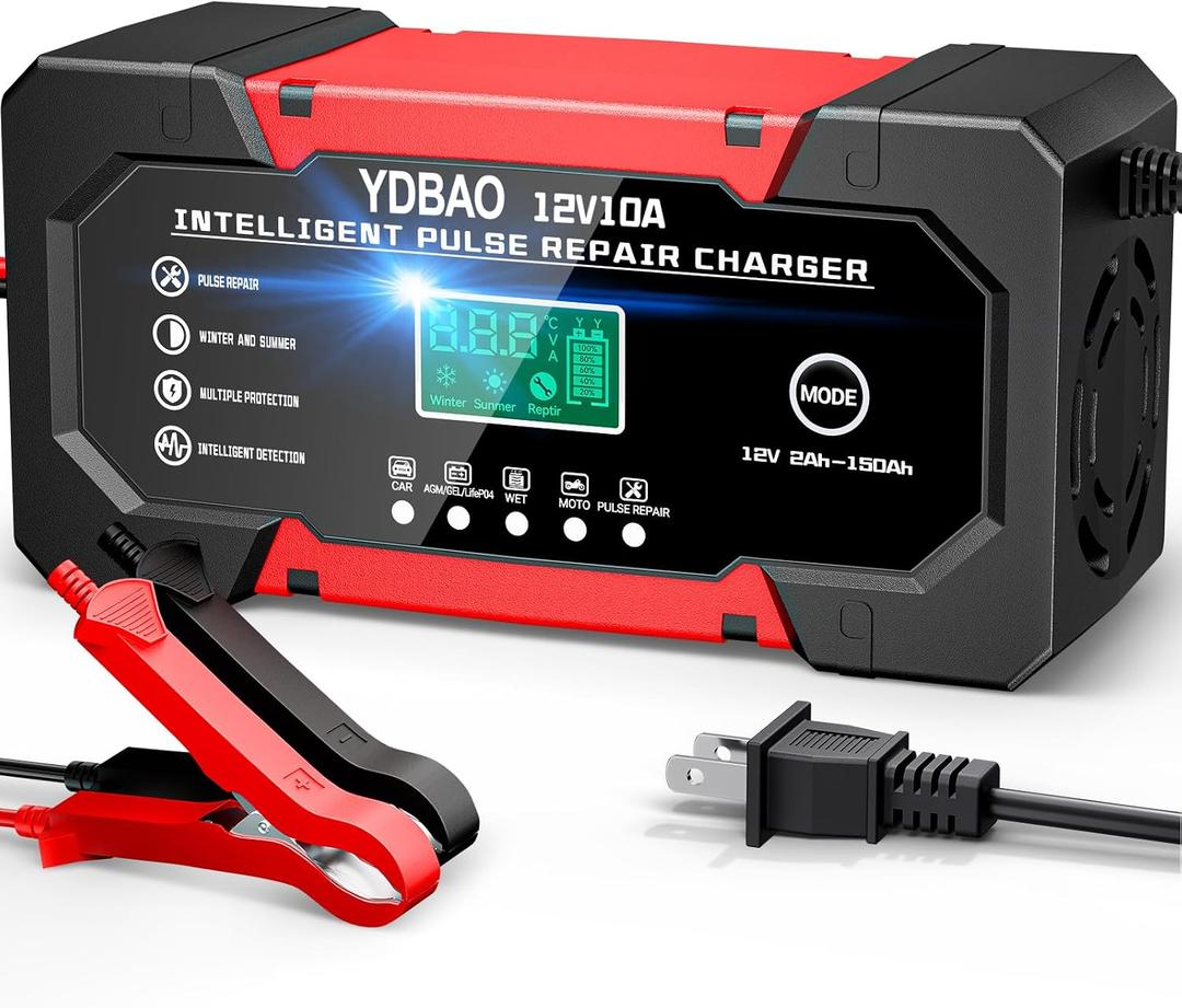 Battery Charger 10A 12V Fully Automatic Smart Car Battery Charger with LCD Display & Temperature Compensation for Car Motorcycle Vans