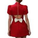 Sexy Backless Bow Mini Skirt Fashionable Short Sleeved Cocktail Party Dress (Red, S)