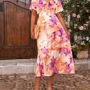 Fashionme Womens Dresses 2026 Maxi Dresses Deep V Neck Elegant Bow Tie Front Cap Sleeve Summer Floral Satin Smocked Dress
