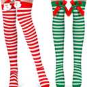 Loopeer 2 Pairs Christmas Thigh High Socks Halloween Women Striped Over Knee Stockings Candy Cane Socks for Women Girls