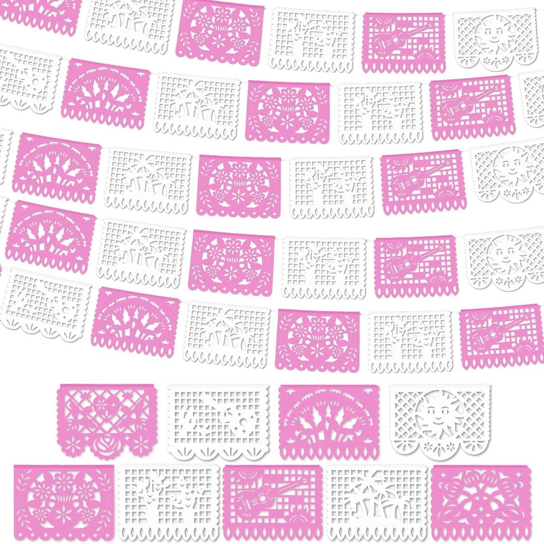 VitalCozy 4 Pack 59 ft Papel Picado Banner Mexican Talavera Party Plastic Fiesta Banner Mexico Wedding Decorations for Day of The Dead Cinco De Mayo Cielito Lindo Party Decorations (Pink White)