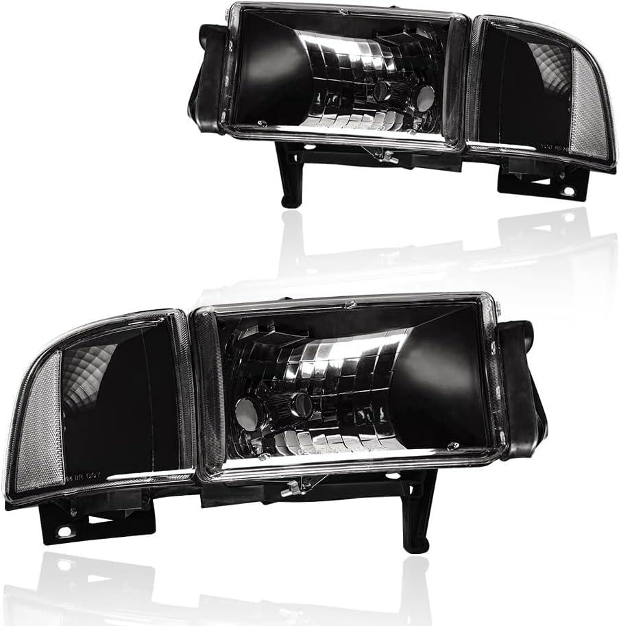 Headlight Assembly, Headlights Kit Compatible with 1994-2001 Dodge Ram 1500/1994-2002 Ram 2500 3500(DON'T Fit SPORT Models or Ram VAN Models) Replacement Headlamp Black Housing Clear Reflector