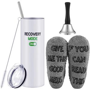 3 PCS Funny Get Well Soon Gifts 20oz Hospital Mug fuzzy Funny Recovery Socks Silver Steel Tea Hand Bell (White)