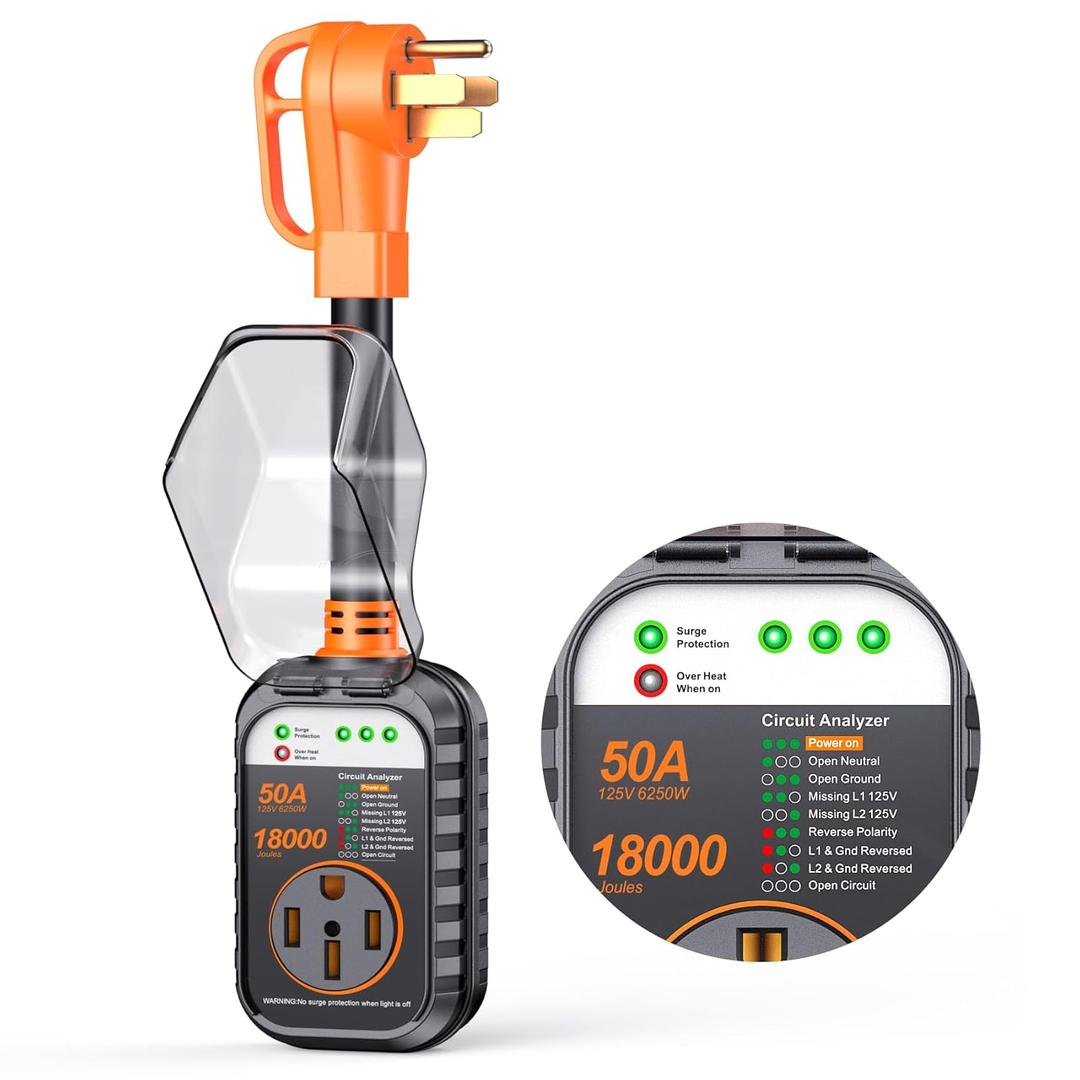 GEARGO - RV Surge Protector 50 Amp, Latest 18000J Surge Protection RV Circuit Analyzer, RV Adapter Plug for Camper with Waterpoof Cover, Plug and PlayOrange