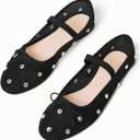 Coutgo Womens Mesh Ballet Flats Crystal Rhinestone Studded Comfortable Mary Jane Dress Shoes (7.5, Black)