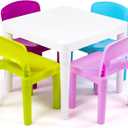 Humble Crew Kids Plastic Table and Chair Set, Toddler Activity Table with 4 Chairs, Lightweight Easy-Clean Kids Desk for Play, Snacks & Crafts, Indoor Outdoor Playroom Furniture, White/Pastel