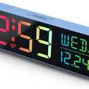 Peakeep Loud Digital Alarm Clock Large Display for Bedrooms with Date, Day of Week, Auto DST, Desk Clock Electric Plug in for Living Room, Battery Backup, USB Port, 5 Dimmers (Blue Rgb)