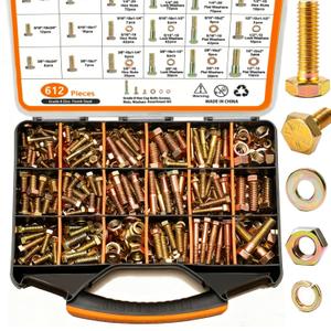 612pcs Heavy Duty SAE Grade 8 Bolts and Nuts Kit, 1/4-20,5/16-18,3/8-16,1/2-13 Bolt Assortment Kit Including Nuts Washers, Yellow Zinc Plated