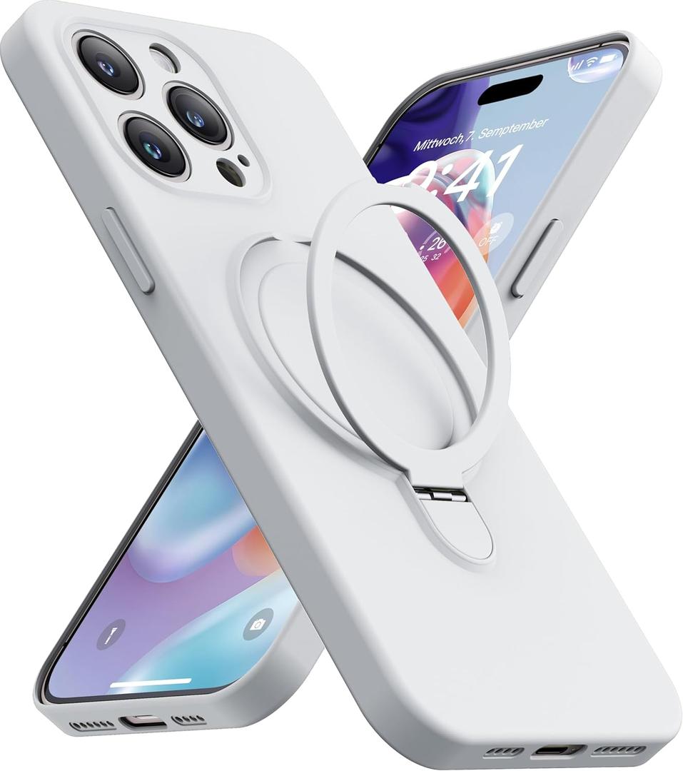 Magnetic Stand for iPhone 14 Pro Max Case, Liquid Silicone Case, [Compatible with MagSafe][Built-in Kickstand&Ring Holder] Anti-Scratch Soft Microfiber Lining, White