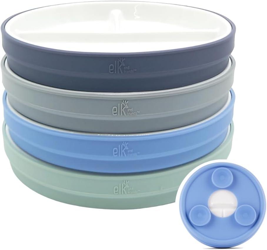 Elk and Friends Kids 6.7 Porcelain Divided Plates with Silicone Suction Sleeves | Suitable for Babies/Kids/Toddlers | Microwave & Dishwasher Safe | Non Slip | Snack Dishes | 4 Pack (Sage/Misty Blue/Navy/Gray)
