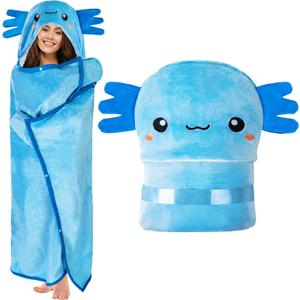 Axolotl Wearable Hooded Blanket for Adults - Super Soft Warm Cozy Plush Flannel Fleece & Sherpa Hoodie Throw Cloak Wrap - Axolotl Gifts for Women Adults and Kids (Blue)