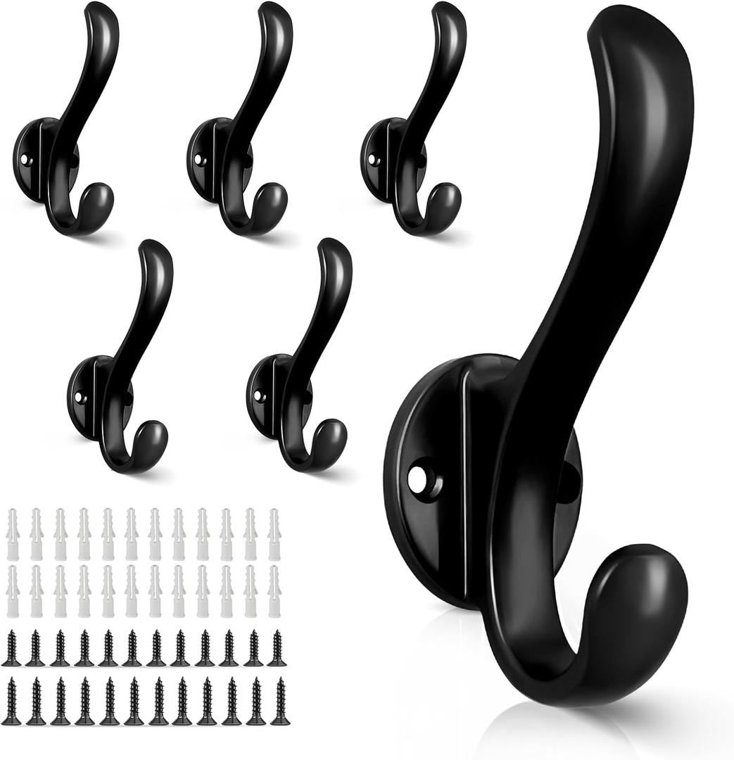 6 Pack Coat Hooks Wall Mount Heavy Duty Utility Retro Double Hooks for Hanging Coats,Hat, Towel, Key, Robe, Scarf, Bag, Cap (Black)