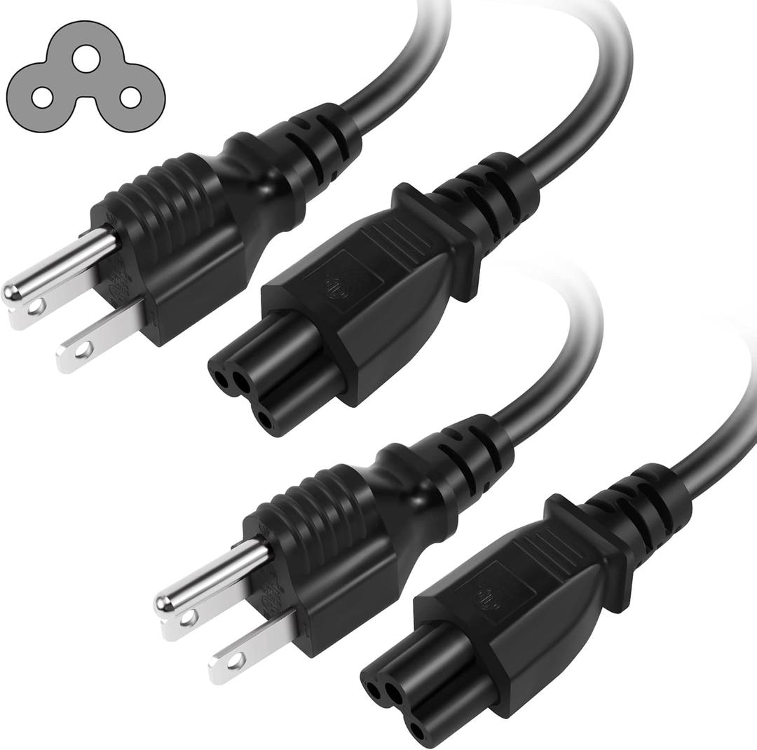 3 Prong AC Laptop Power Cord 6 Feet (2 Pack), NEMA 5-15P to C5 (Mickey Mouse) 10A 125V 18AWG, IEC-60320 IEC320 C5 to NEMA 5-15P, Laptop Power Brick Cord- ETL Listed