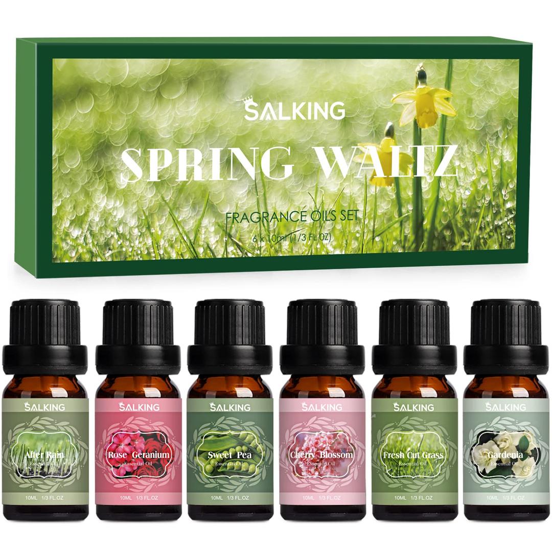 SALKING Spring Fragrance Oils Set, Premium Essential Oils Gift Set for Diffuser, Scented Oil for Soap & Candle Making - After Rain, Fresh Cut Grass, Sweet Pea, Rose Geranium, Cherry Blossom, Gardenia
