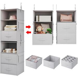 Vailando 6-Shelf Hanging Closet Organizer, 2 Separable 3-Shelf Hanging Shelves with 3 Drawers for Wardrobe, Nursery, Baby Clothes Organization and Storage (Silver Gray)