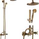gotonovo Exposed Bathroom Shower Faucet Set Shower Fixture 8 Inch Rainfall Shower Head Handheld Shower Cross Handle Wall Mount 2 Functions Antique Brass
