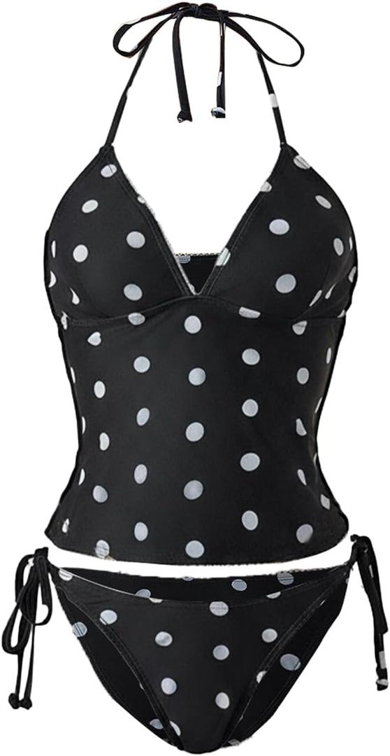 Verdusa Women's Halter Tankini Swimsuits 2 Piece Polka Dots Bikini Set Tie Backless Tops with Panty (Large, Black and White)