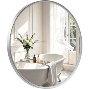 Round Bathroom Mirror 30 Inch Nickel Circle Mirror for Over Sink | Curved Inner-edge Brushed Nickel Frame, HD Clear Reflection, Anti-rust Aluminum Alloy, Easy Install for Bathroom Vanity