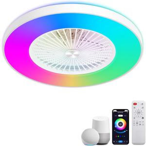 24" Bladeless Ceiling Fan with Lights, Smart Low Profile Ceiling Fan with Alexa, APP Control Dimmable Color Ambient, Modern Flush Mount RGB Ceiling Fans White