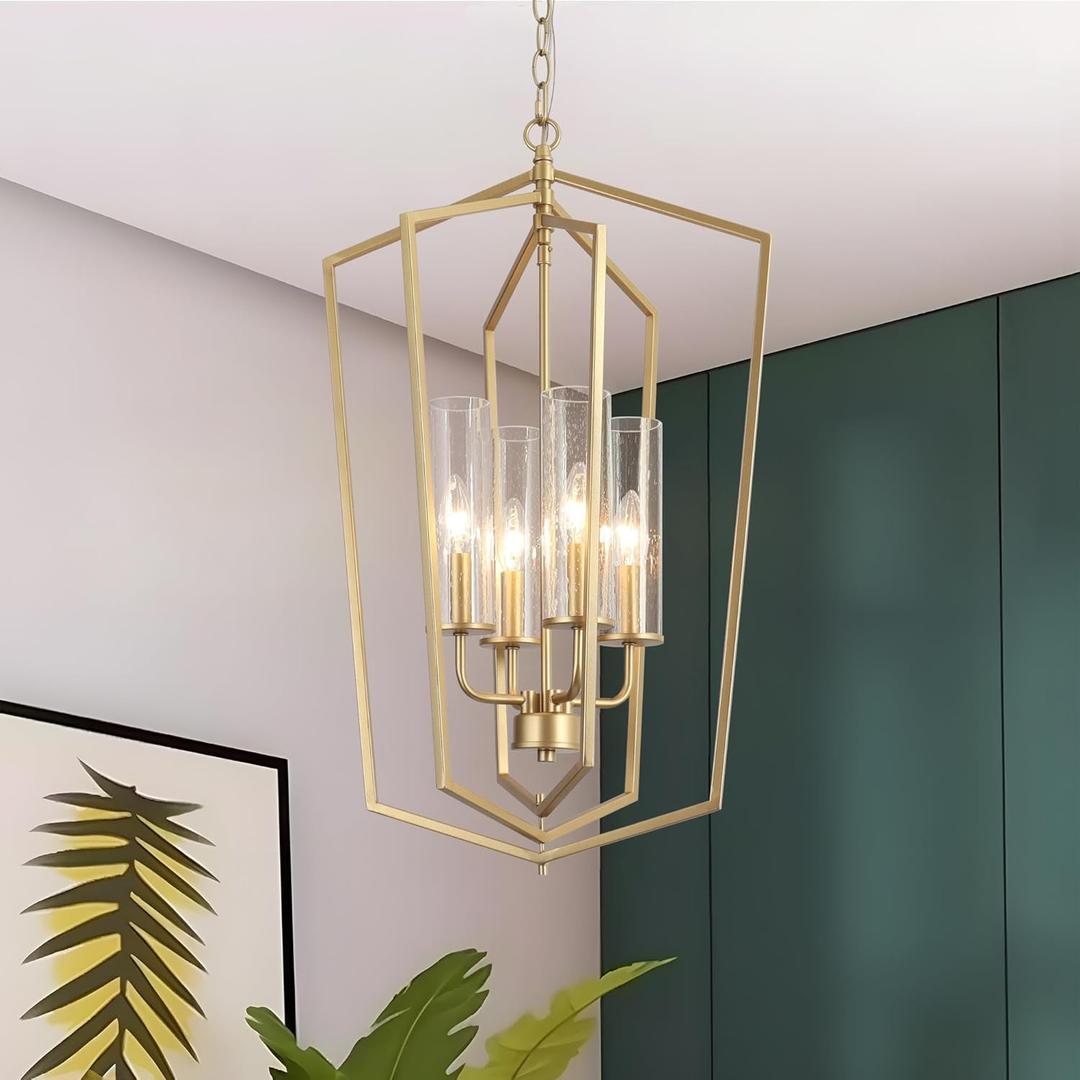 Gold Dining Room Chandelier with 4-Light Lantern Pendant Lights, Adjustable Height Modern Foyer Chandelier with Seeded Glass Shades
