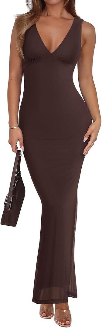 REORIA Women's Summer V Neck Sleeveless Wedding Guest Maxi Dress Sexy Mesh Bodycon Long Dresses size S